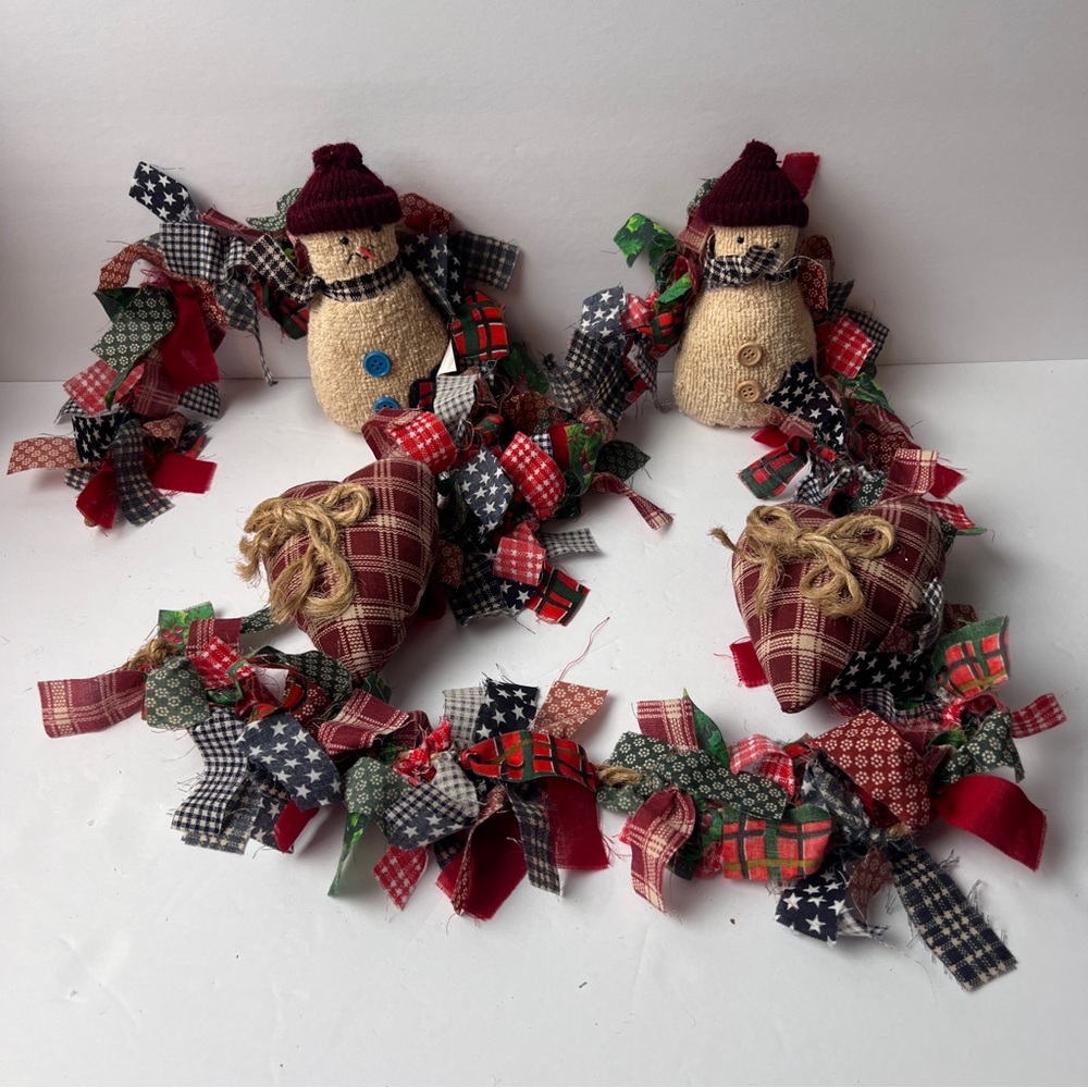 Vintage Christmas Garland Plush Snowmen Country Rag Rustic 100% Cotton  At ~56"